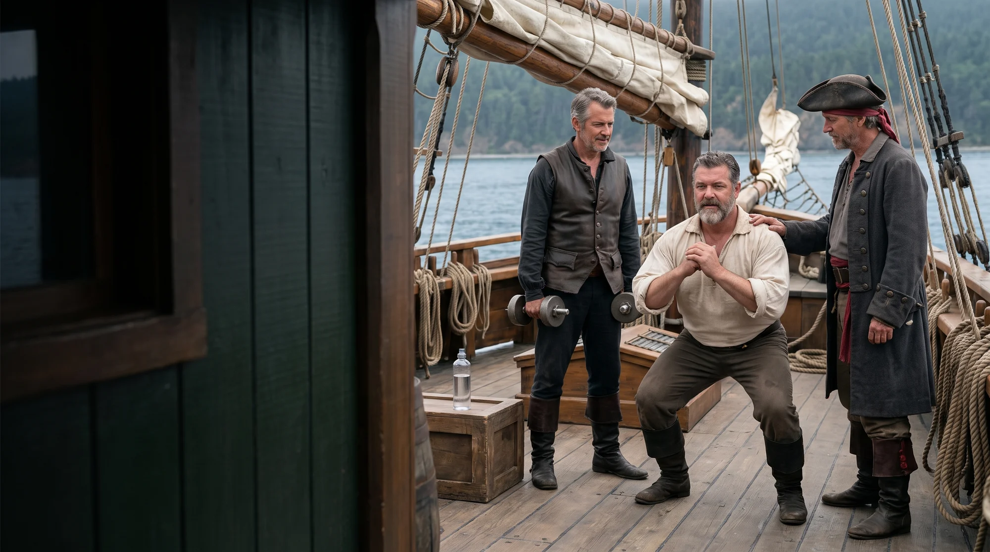 AI-generated cinematic scene of middle-aged pirate men supporting a strength workout with squats and dumbbells on a ship deck