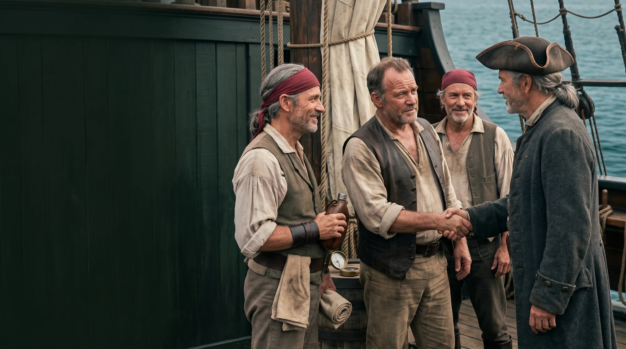 AI-generated cinematic scene of middle-aged pirate men welcoming a crewmate aboard a sailing ship