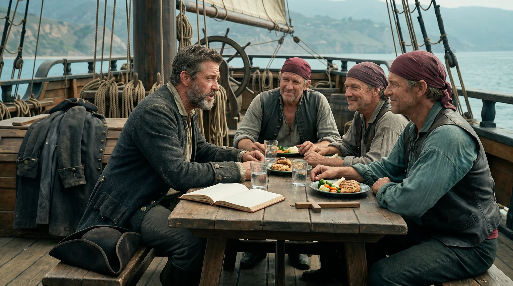 AI-generated cinematic scene of middle-aged pirate men sharing a healthy meal, faith, and supportive conversation aboard a ship